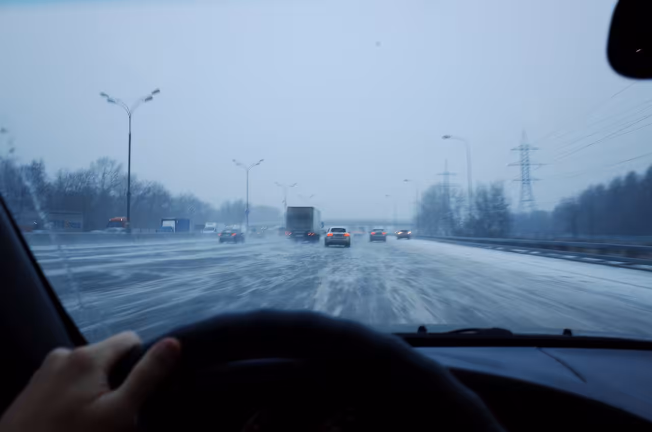 Driving on Icy Winter Roads at Dusk